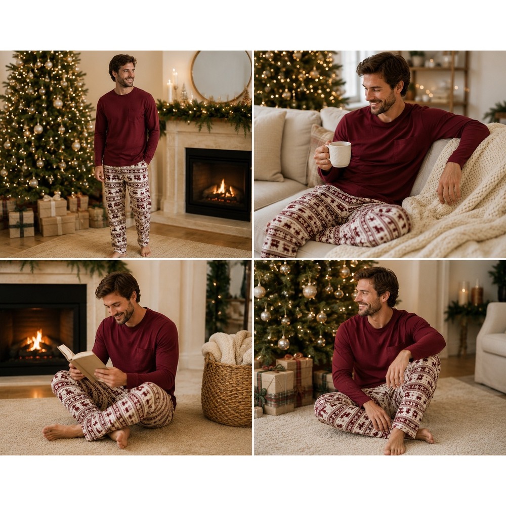 Burt's Bees Pajamas Mens L Burgundy Organic Cotton Fair Isle Christmas Sleep Set